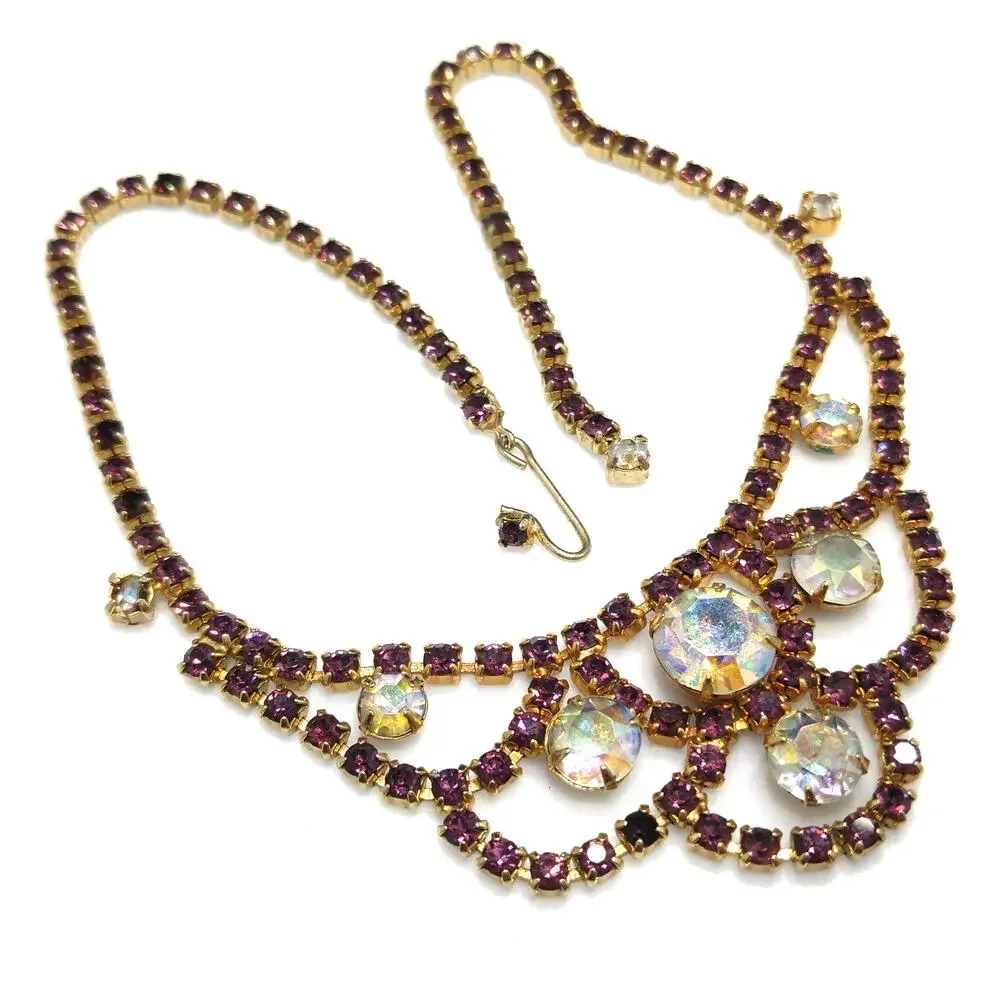 Vintage Purple AB Clear Rhinestone Choker Necklace, Gold Plated, Aurora Borealis